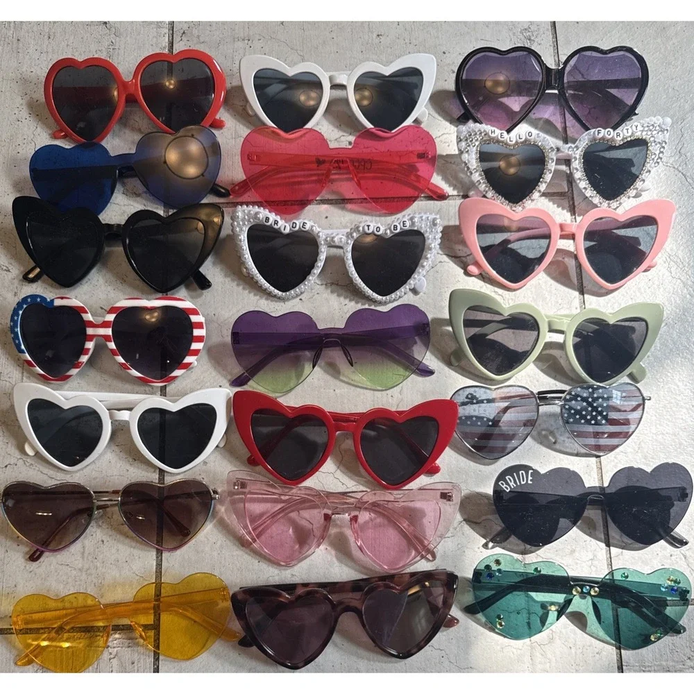 Lot Of 21 Pairs of Heart Shaped Fashion Sunglasses- Great variety of Colors!